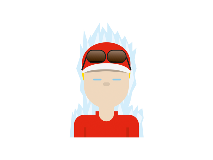 Uma versão ilustrada do piloto de F1 Kimi Räikkönen, vestindo um boné vermelho e uma camisa, rodeado por gelo azul claro em forma de fogo.