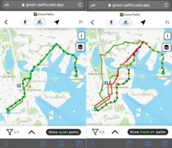 Duas capturas de tela de um smartphone mostram mapas de Helsinque com linhas coloridas e pontos representando rotas de ciclismo.