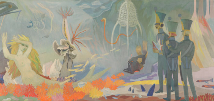 In a painting, three men in military uniforms are standing on the ocean floor with fish and a mermaid in the background.