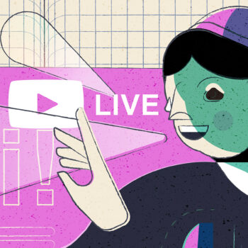 Em uma ilustração colorida, uma pessoa fala e gesticula em frente a um computador cuja tela mostra um ícone de reprodução de vídeo e uma palavra em finlandês.